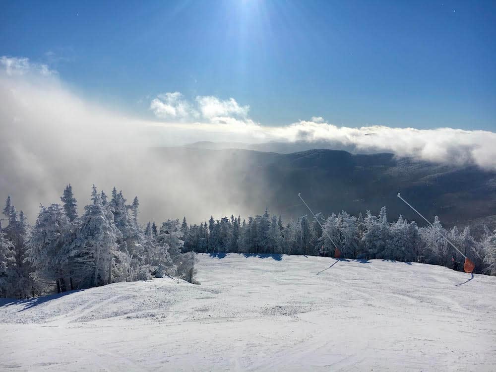 Snow-dusted trees and ground in Green Mountain National Forest in Vermont, one of the best places to go skiing in the USA in February.