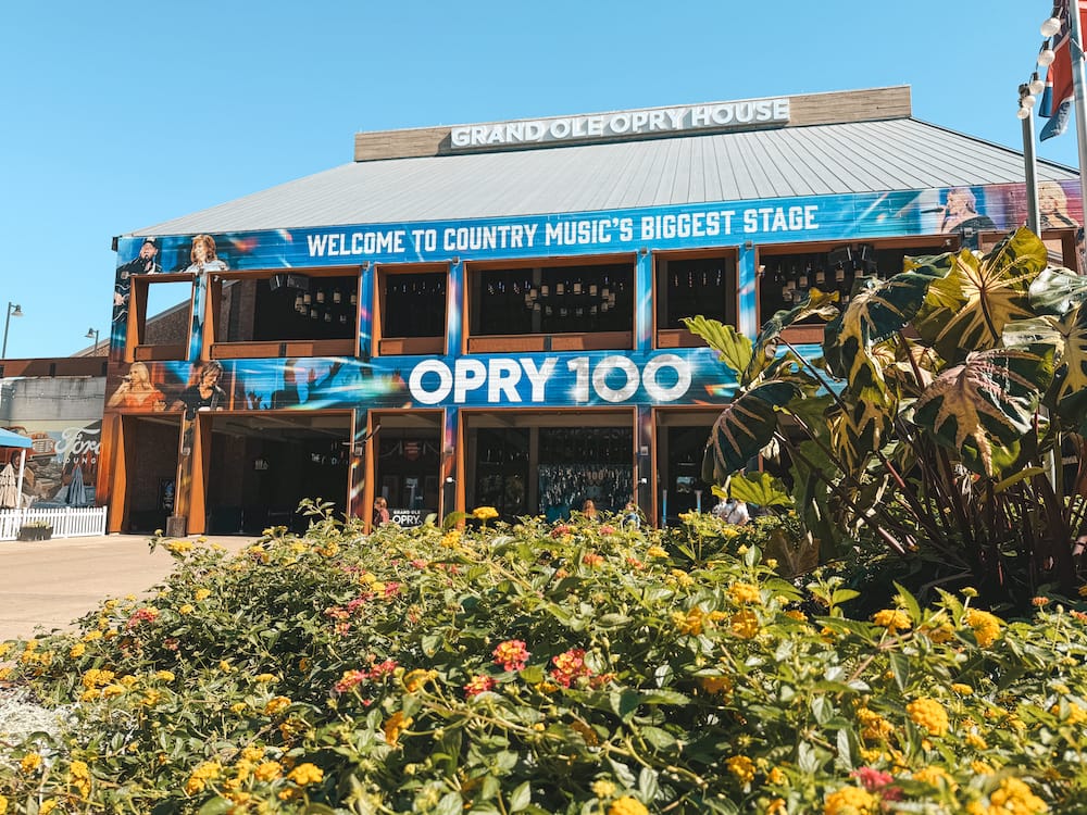 The exterior of the Grand Ole Opry during the 100th birthday celebration.