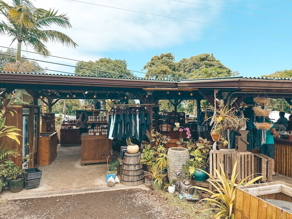 A roadside stand on the Road to Hana selling clothes, bottled goods, coffee, pastries, and more.
