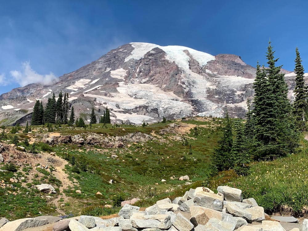 A snow-dusted mountain in a green meadow in Mount Rainier National Park