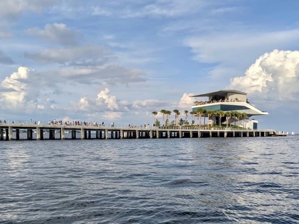 The St. Pete pier in St. Petersburg, Florida, stretching out into the blue ocean.