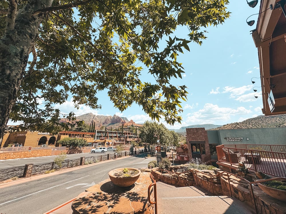 A panoramic shot of the shops, restaurant, and main street in Uptown Sedona