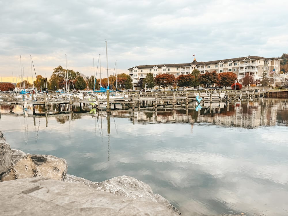 A lakefront hotel sitting in front of Seneca Lake in Watkins Glen, one of the best places to stay in the Finger Lakes