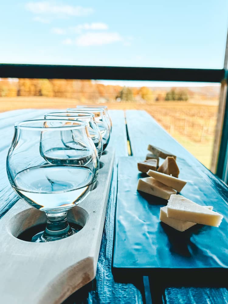 A flight of four wines and four cheeses sitting on a table at one of the best wineries in the Finger Lakes, Stever Hill Vineyards