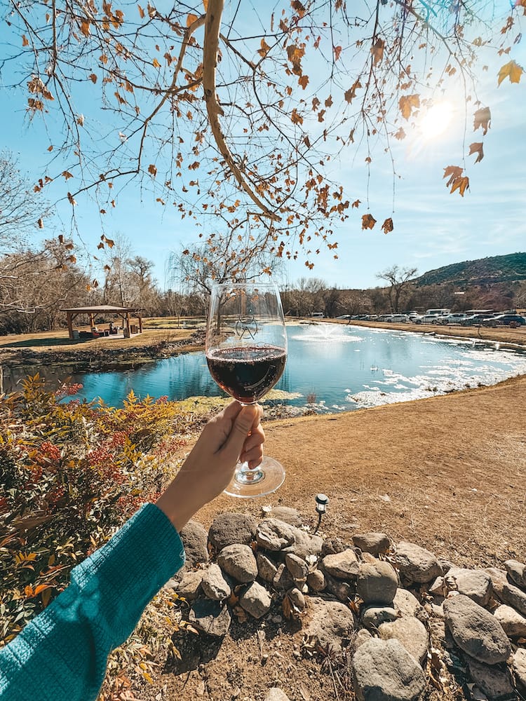 A glass of red wine being held in front of a lake during winter in Sedona