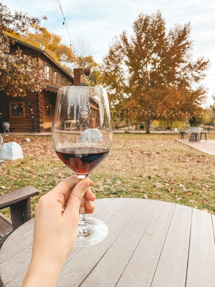 A glass of red wine in front of a winery in the fall with falling leaves in hues of gold and orange