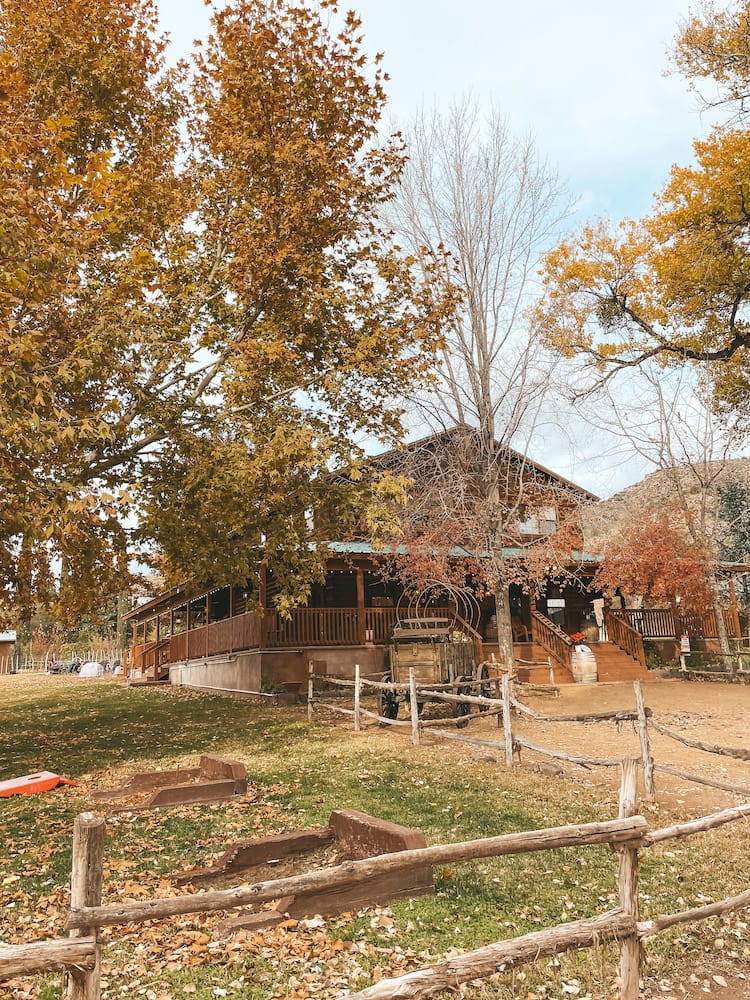 A barn in the fall with falling leaves in hues of gold and orange