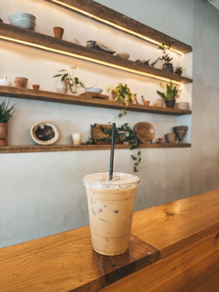 An iced coffee sitting on a wooden ledge in front of a wall with hanging shelves and plants at Ladybird Taco in 12 South