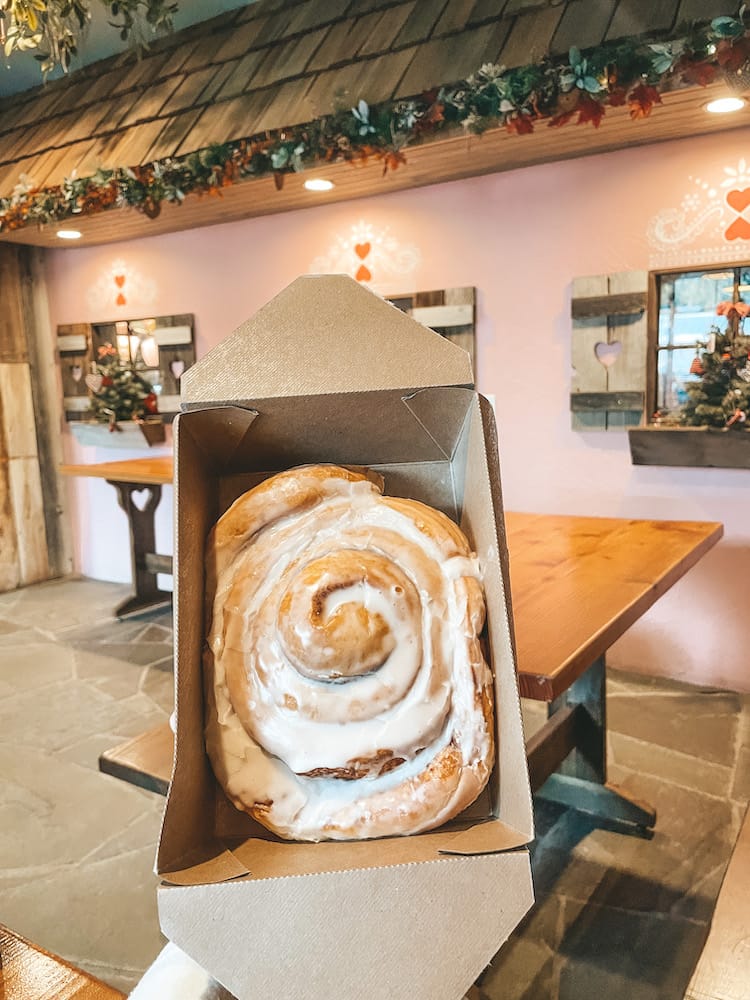A giant cinnamon roll in front of a pink wall.