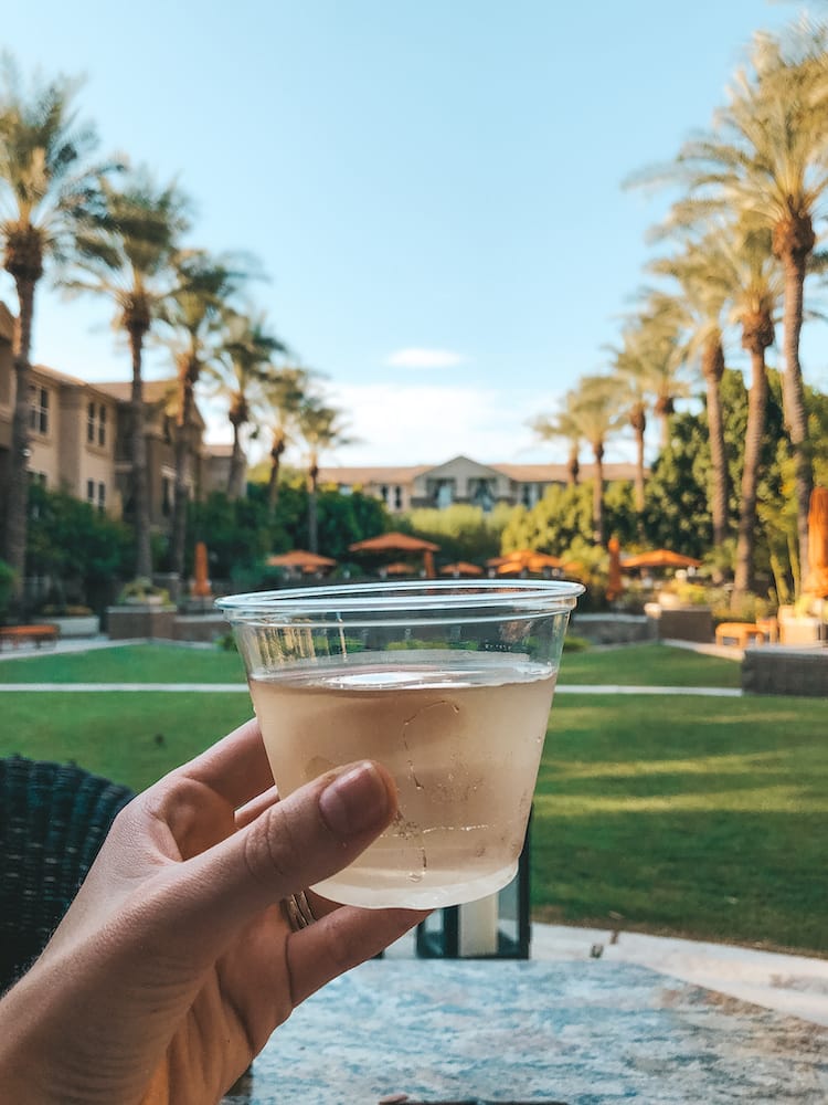 A plastic cup holding chilled white wine being held in front of a patch of grass lined with palm trees and orange umbrellas.