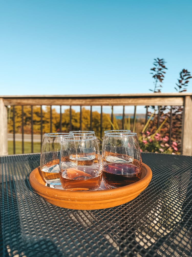 A flight of five wines sitting on a terracotta plate at an outdoor table overlooking the foliage and Seneca Lake at a winery in the Finger Lakes.