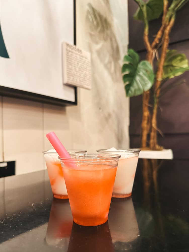 Three pink and white wine slushies sitting on a black table with a fake plant in the background at Three Brothers Winery in the Finger Lakes. The slushy in the front has a bright pink straw.