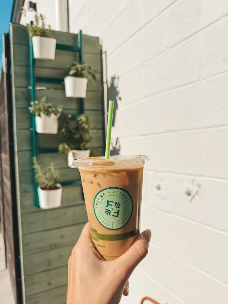An iced coffee in front of a white brick wall and wall with plants from Flora + Fauna Coffee in Nashville