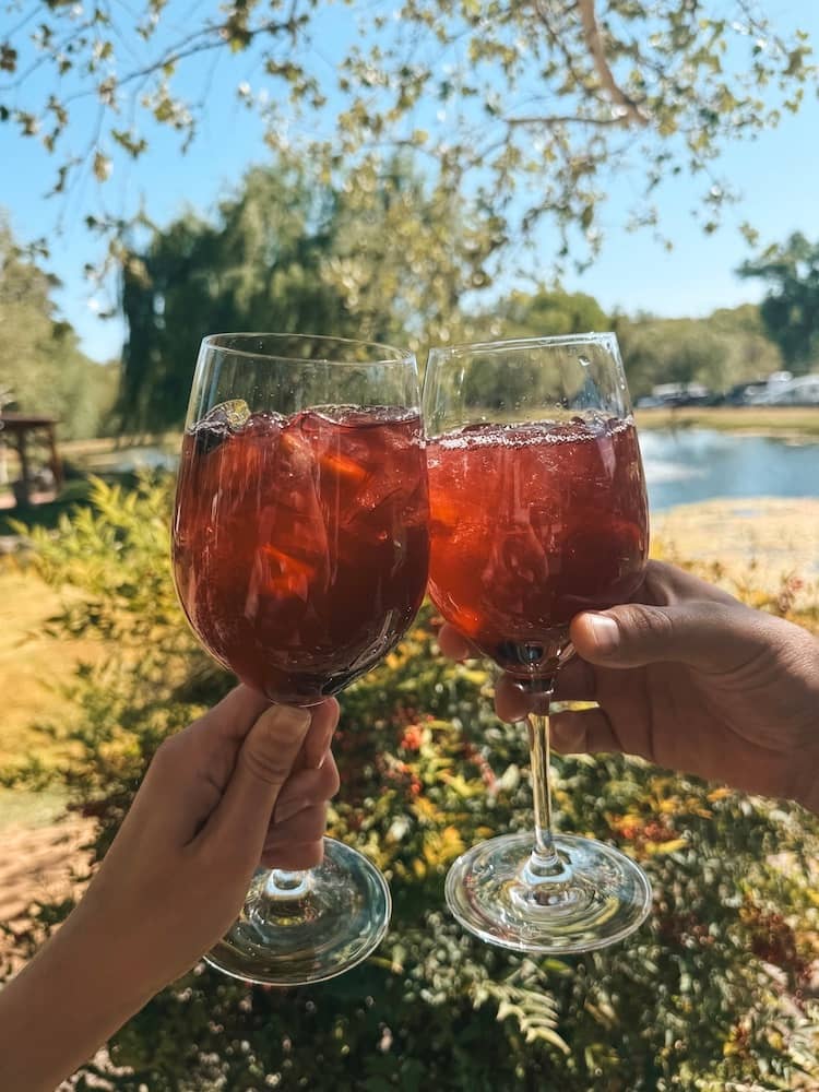 Two glasses of red sangria in front of a lake surrounded by lush greenery at DA Ranch, one of the best wineries in Sedona
