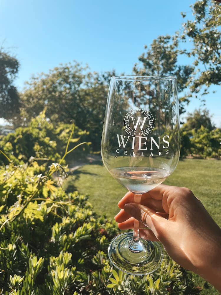 A wine tasting in a glass from Wiens Cellars in front of lush trees and a grassy lawn
