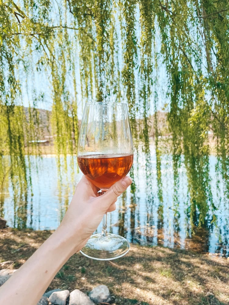 A glass of red wine in front of a lake with a green tree cascading in the background.