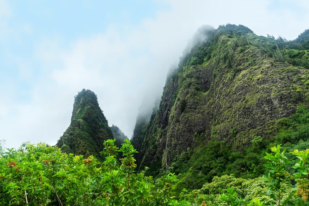 A green landscape with rocky mountain formations jutting into the sky.