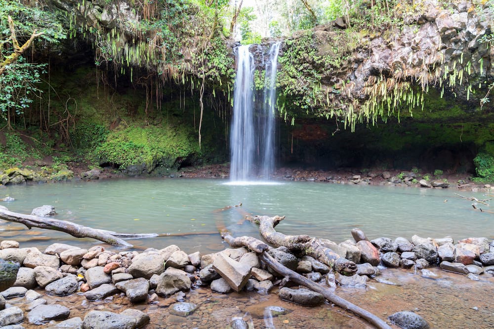 A waterfall cascades into a light blue pool with rocks in the pool and greenery surrounding the waterfall.