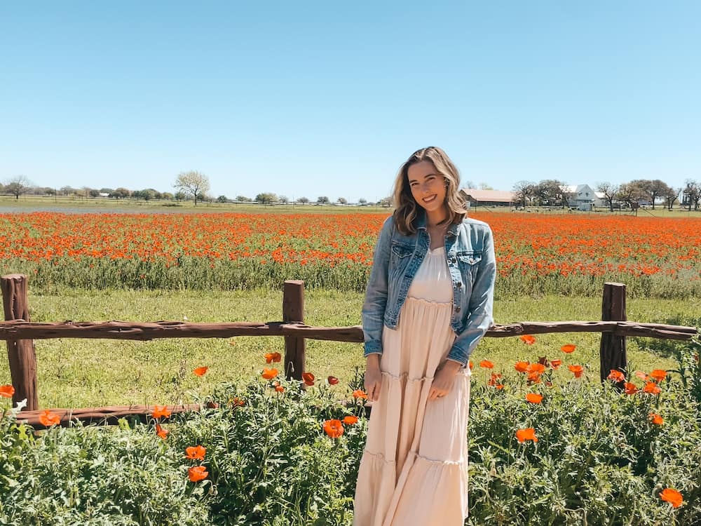 A woman wearing a long cream dress and a denim jacket is standing in front of a grassy field of red poppies behind a wooden fence in Fredricksburg, Texas. The sky is clear and blue.