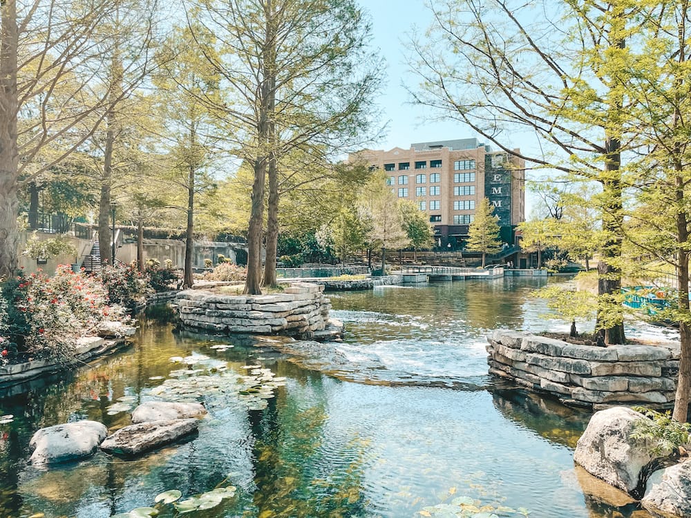 The end of the River Walk in San Antonio at the Pearl, with Hotel Emma in the background.