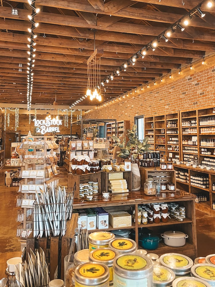 A kitchen store in Fredericksburg with lots of wooden detailing and small items for sale.