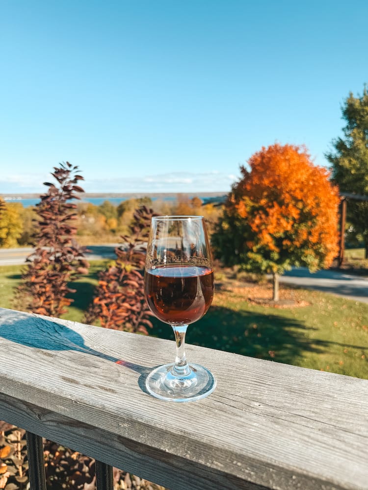 A glass of red wine sitting on a wooden ledge with beautiful fall trees, a lake, and a blue sky in the background in the Finger Lakes during fall