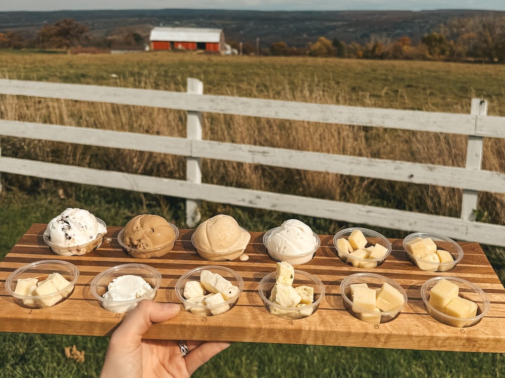 An ice cream and cheese flight in front of a red barn in the Finger Lakes