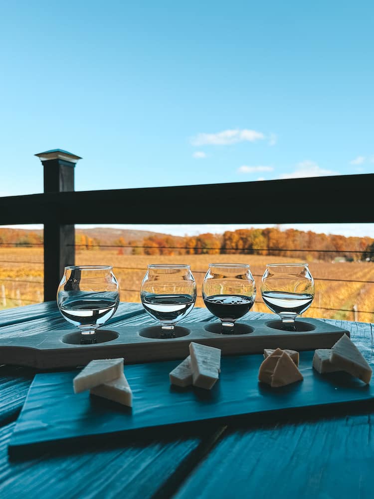 A flight of four wines and cheeses sitting on a wooden table with fall foliage and a bright blue sky in the background at Stever Hill Vineyards in the Finger Lakes