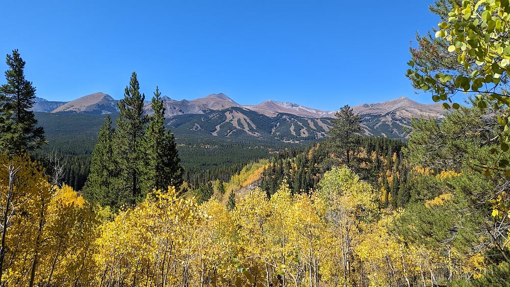 A beautiful view of the yellow aspen trees, green pine trees, and lush, green mountains in Breckenridge, Colorado in September