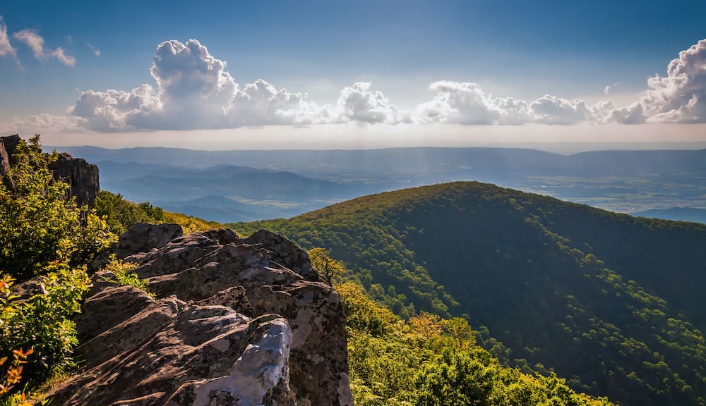 A stunning view of green rolling hills and rocky cliffs at golden hour in Shenandoah National Park.