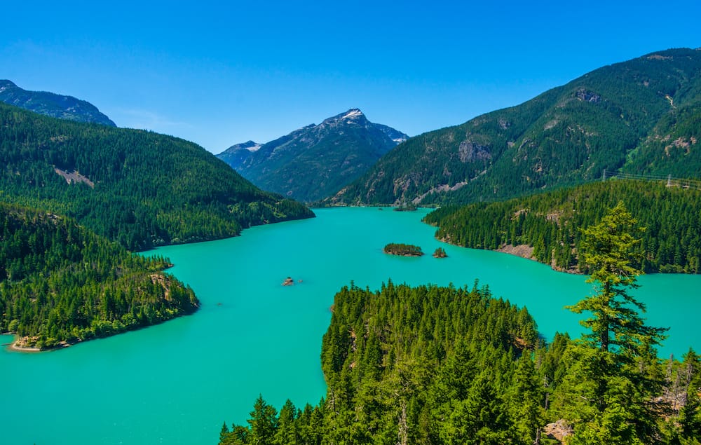 A gorgeous view of the blue-green Diablo Lake in North Cascades National Park from the viewpoint.