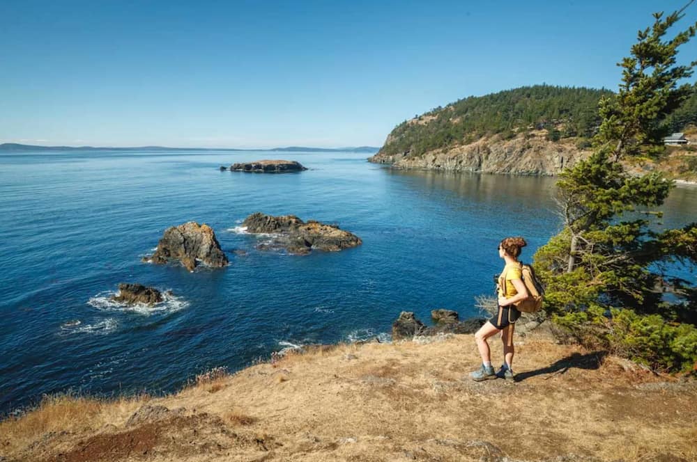 A woman standing on a cliff overlooking a blue sea.