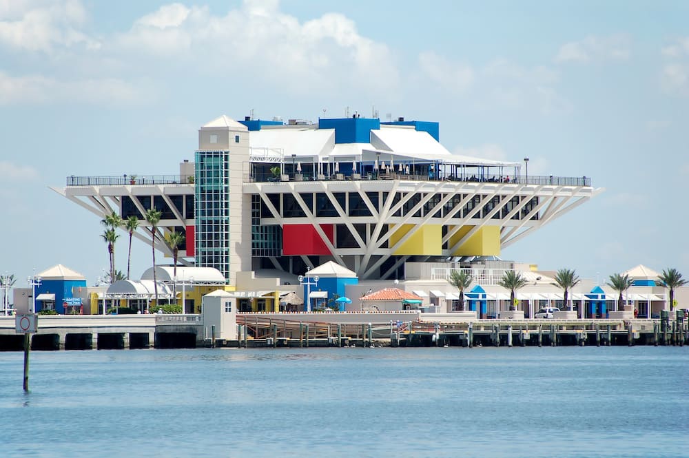 The colorful St. Pete Pier is a large building that overlooks the water in St. Pete and is one of the best cheap things to do in St. Pete.