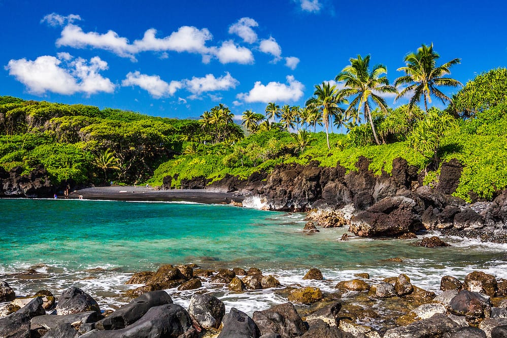 A tropical cove in Maui surrounded by lush greenery and palm trees and a blue sky and a black sand beach. Maui is one of the best places to visit in February in the USA.