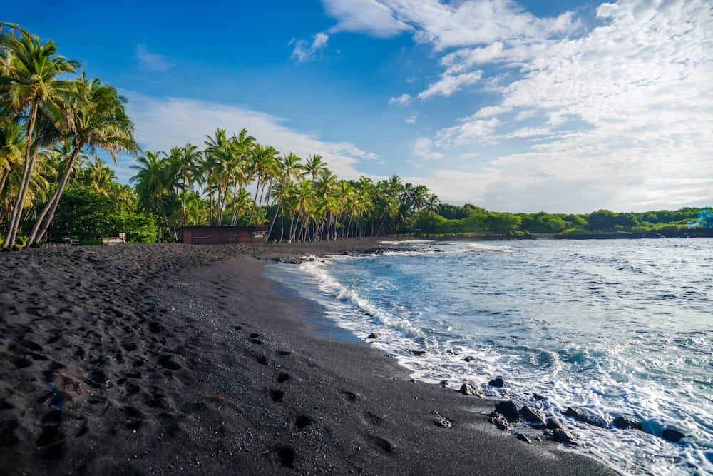 A black sand beach with ocean waves and palm trees in the background in the Big Island, one of the best places to visit in the USA in March.