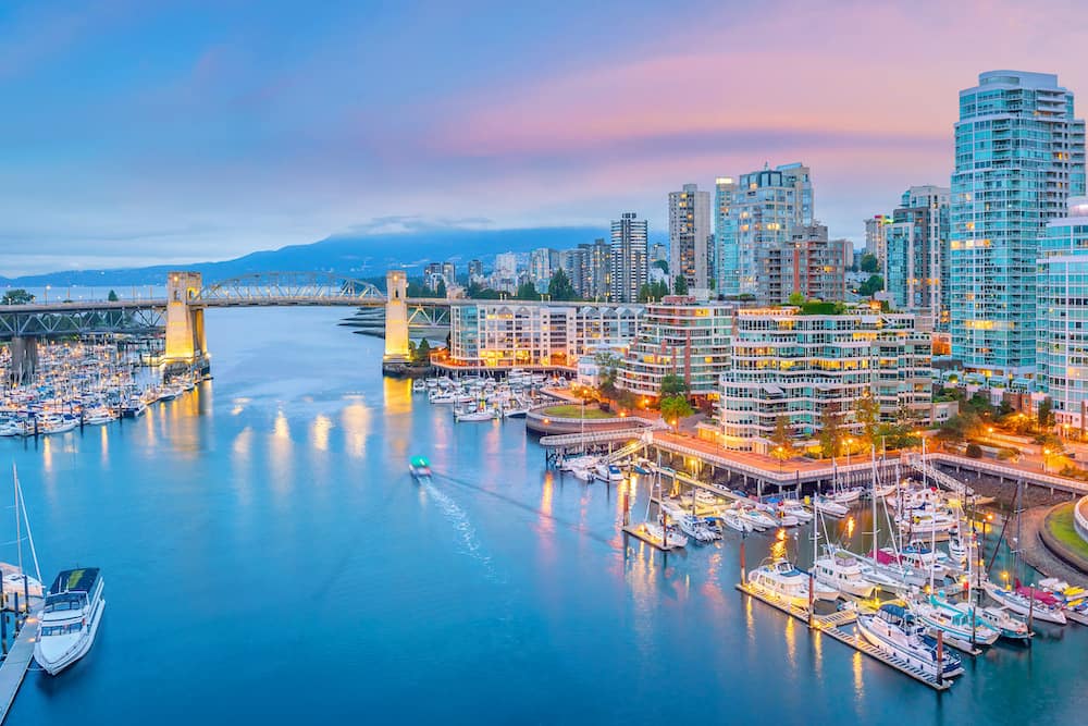 An aerial view of Vancouver, Canada, during sunset