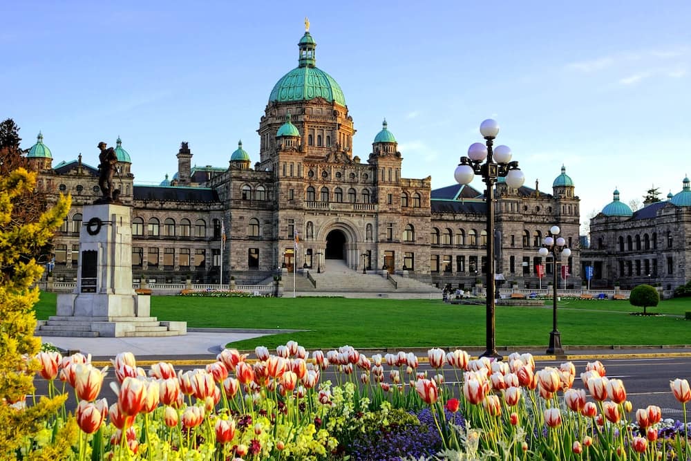 An old building in Victoria, Canada, with colorful tulips in front of it.