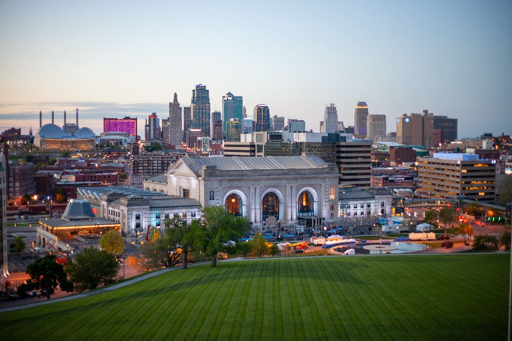 An aerial view of Union Station and the skyline in Kansas City, one of the best places to visit in the USA in June.
