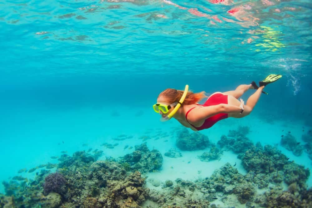 A woman in a red bathing suit snorkeling in Key West