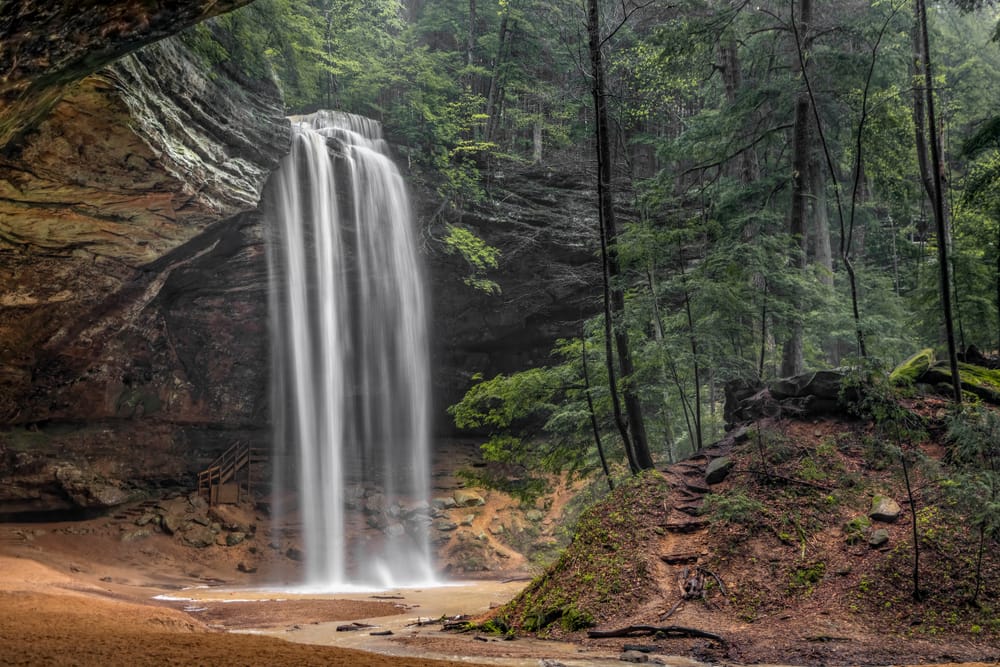 A cascading waterfall in Hocking Hills State Park in Ohio.