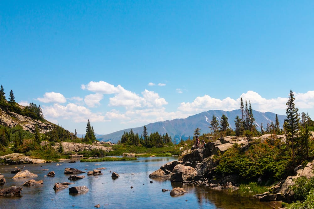 Beautiful pine trees, a stream, and mountains in Breckenridge.