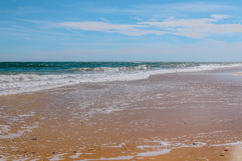 A wave lapping up on a golden sand shore in The Hamptons