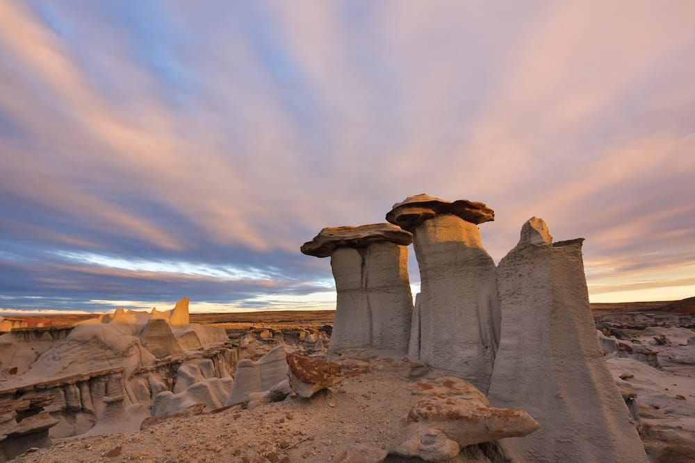 Rock formations in Farmington, New Mexico, at sunset.