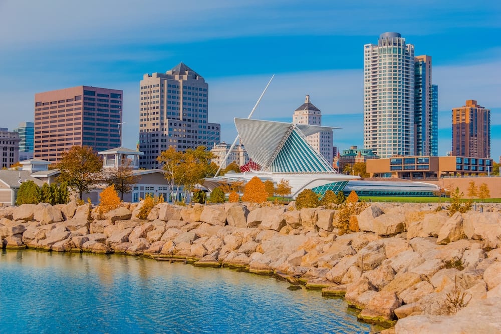 The town of Milwaukee, Wisconsin, on Lake Michigan.