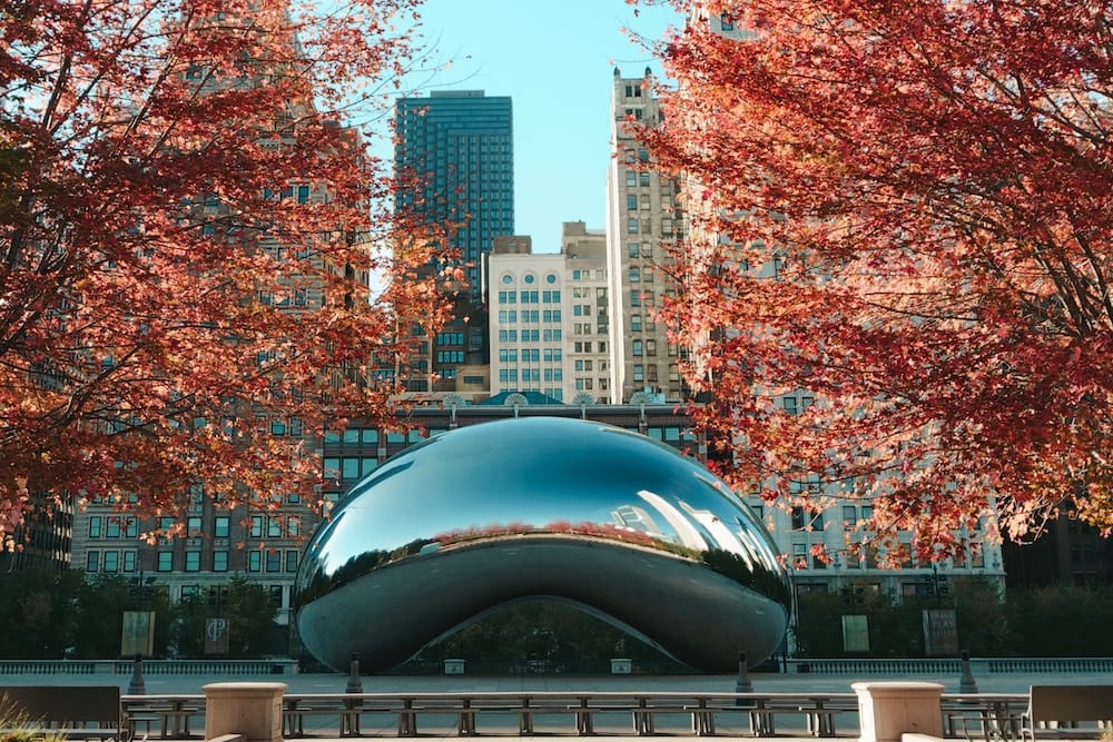 The Bean in Millenium Park in Chicago in October, surrounded by red fall leaves