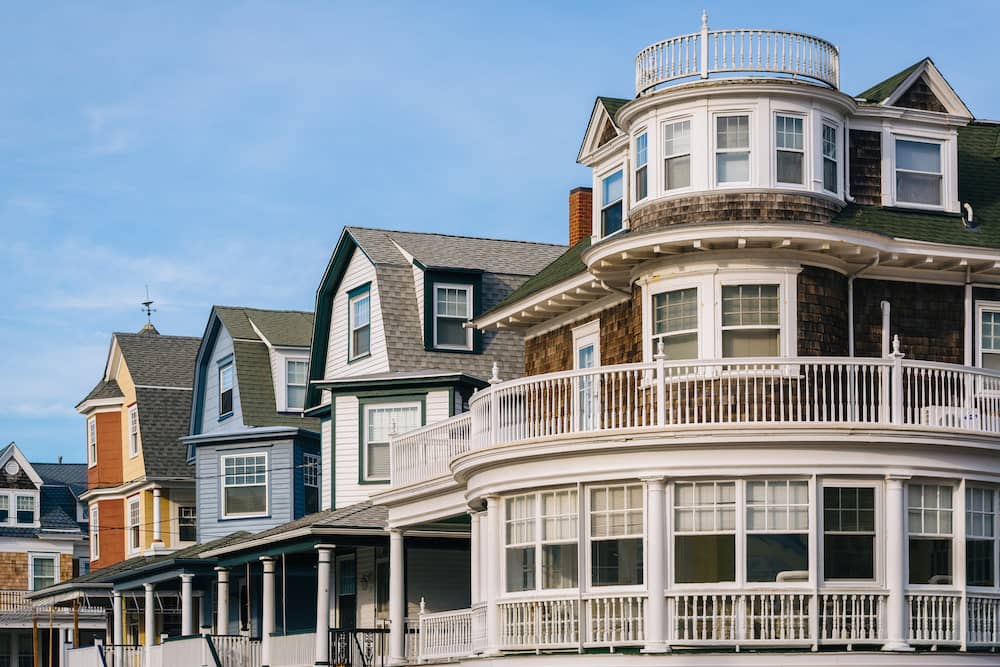 The historic Victorian houses in Cape May, New Jersey – one of the best places to visit in the USA in November – against a clear blue sky