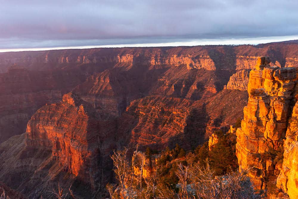 A view of the red rocks in Grand Canyon National Park at sunset