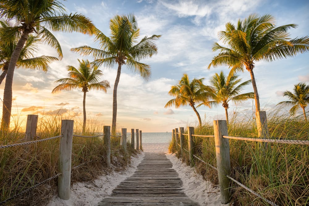 Palm trees lining a wooden path to a sandy beach in Key West – one of the best places to visit in the USA in November