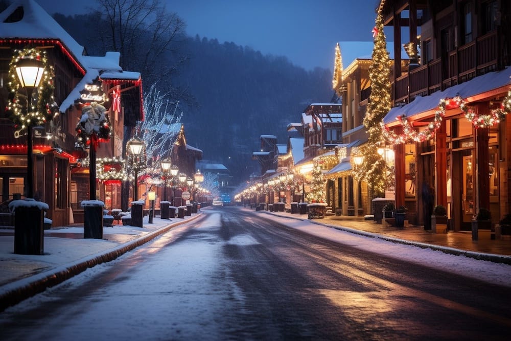 An image of the town of Gatlinburg at night during the holidays, with the Christmas lights and garland strung between the shops and snow on the ground.