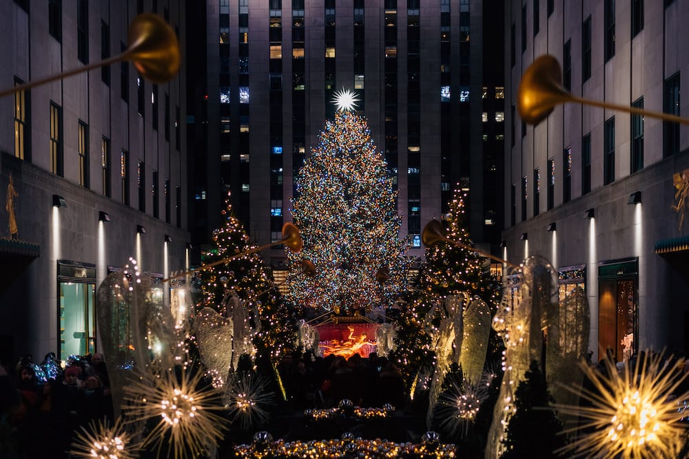 The giant Christmas tree at Rockefeller Center all lit up for the holidays